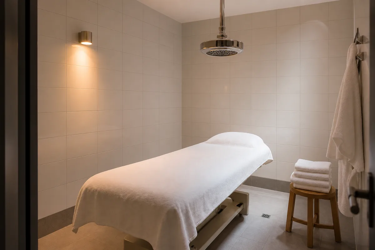 Cabine de soins thermaux avec table de massage et carrelage clair, ambiance calme