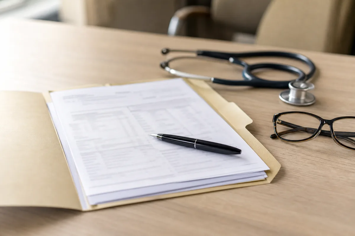 Dossier médical papier et stylo posés sur un bureau de cabinet médical